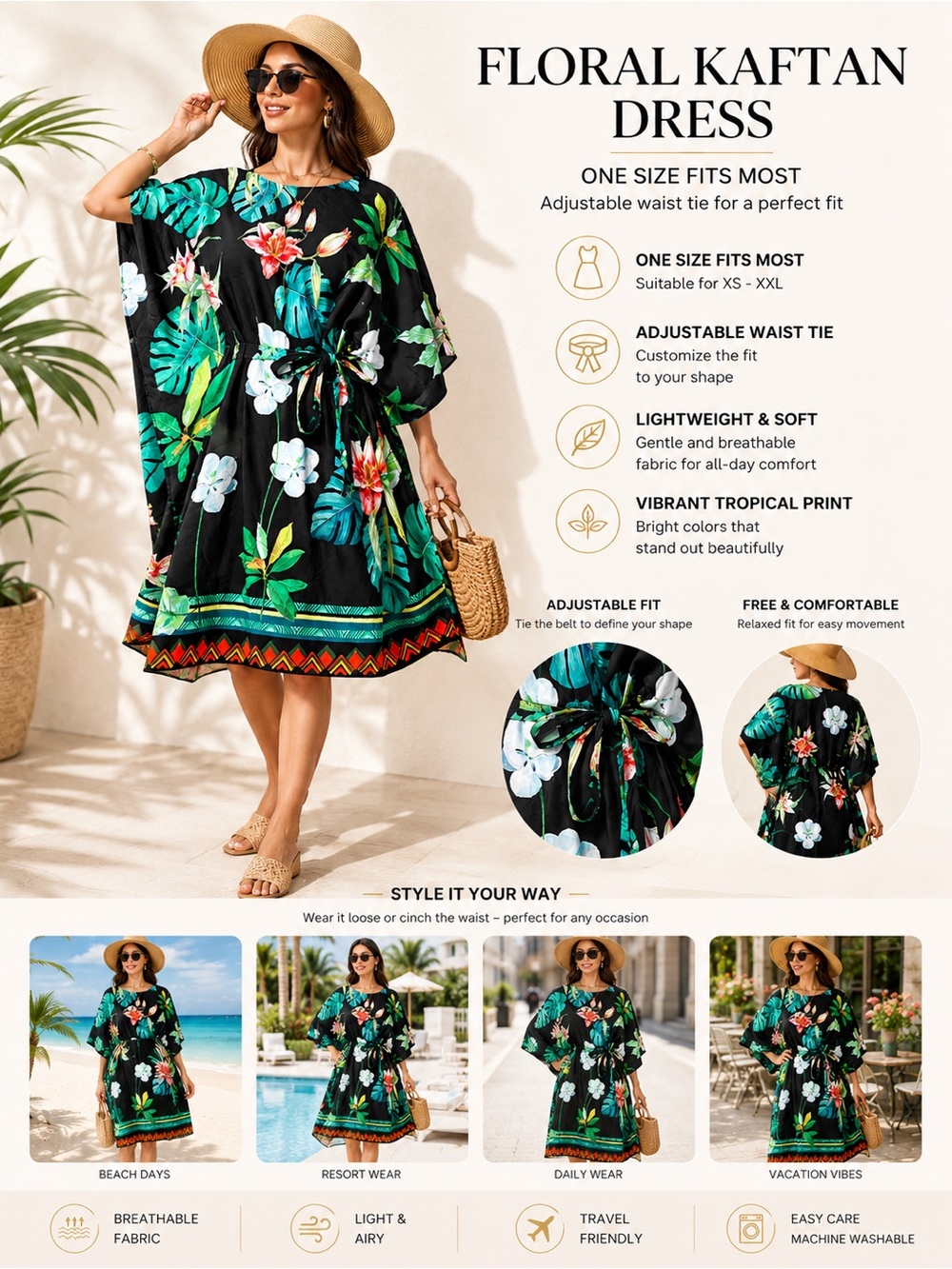 Floral Kaftan Dress - Black & Green Tropical Print